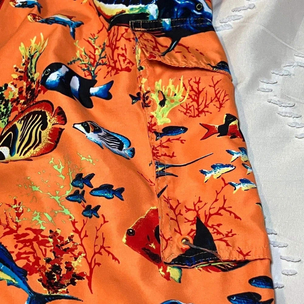 Island Shores Mens 5XL Swim Trunks Orange Tropical Fish Coral Cargo Pockets